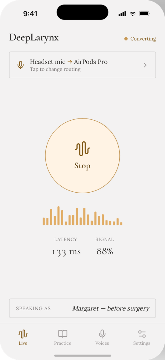 DeepLarynx iOS Live screen converting speech, with latency and signal meters