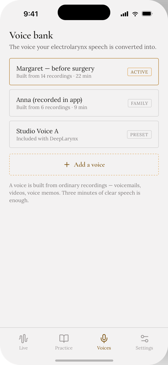 DeepLarynx Voice bank screen listing saved voices, including one built from recordings made before surgery